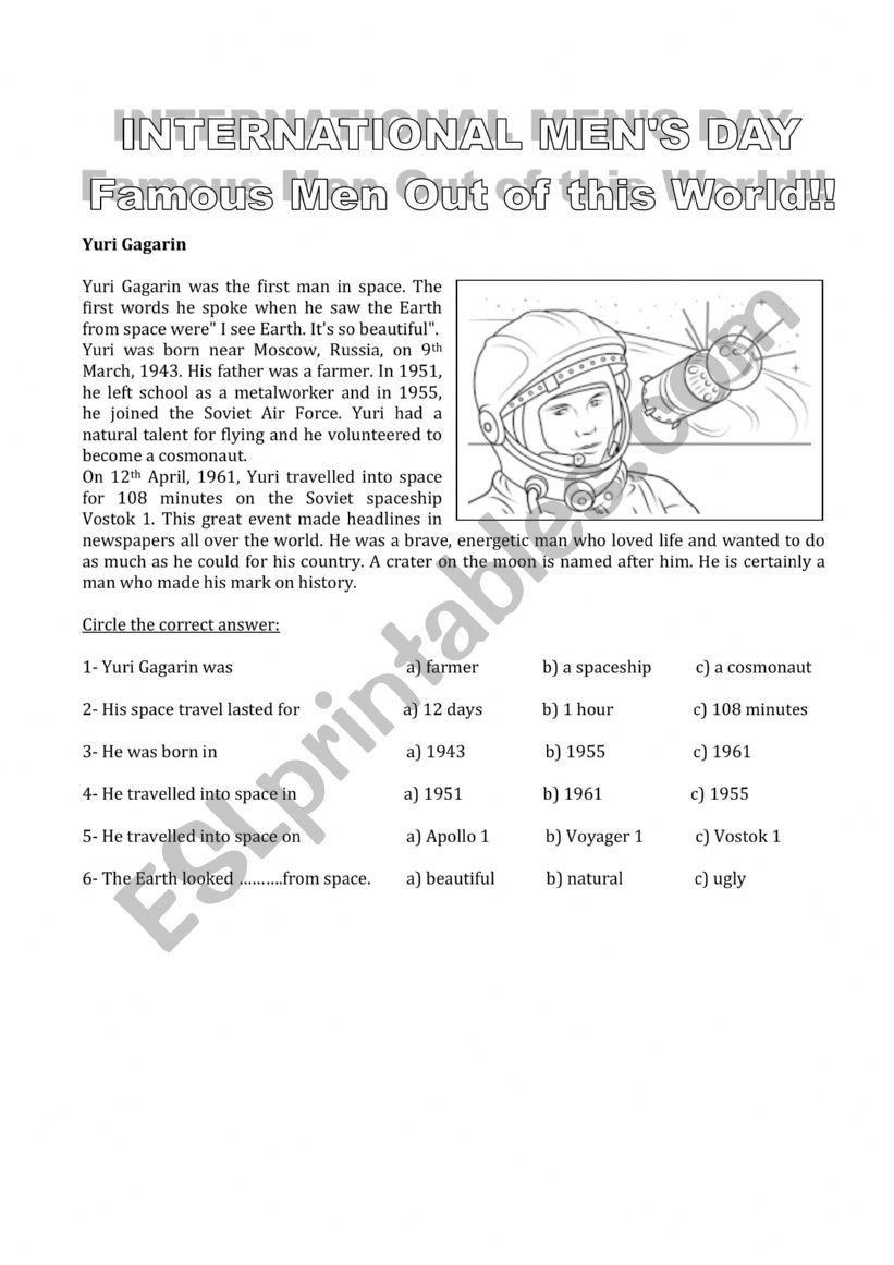 MEN`S DAY - FAMOUS ASTRONAUTS worksheet